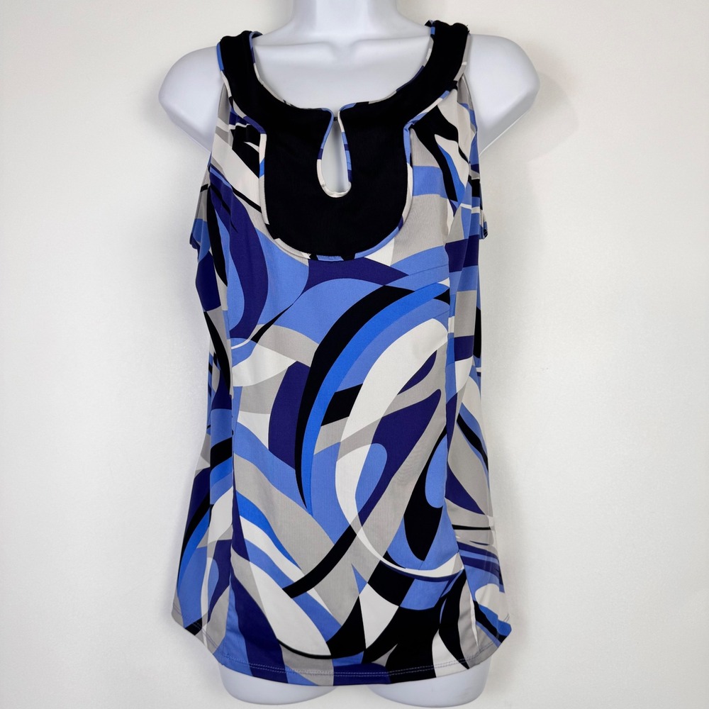 Essentials by Milano Tank Top Women Large Blue Abstract Keyhole Neck Sleeveless